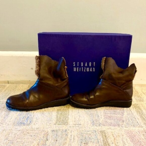 Stuart Weitzman Mercari Winter Brown Leather Boots With Fur Trim Size 7 - Picture 1 of 11